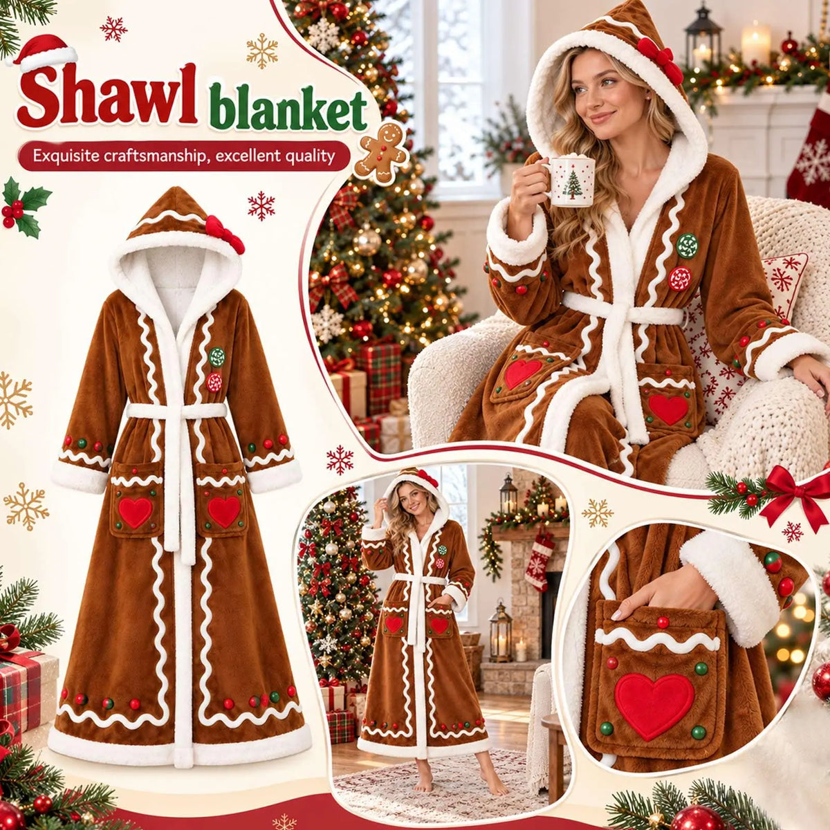 Cozy Gingerbread Christmas Hooded Robe - Plush Fleece Blanket Cape for Adults with Belt - Festive Vintage Design, 177cm Long