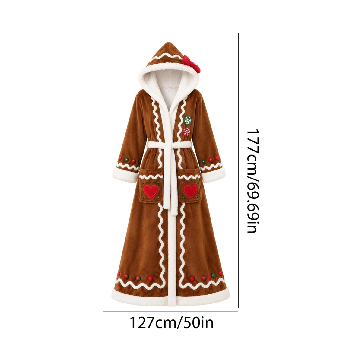 Cozy Gingerbread Christmas Hooded Robe - Plush Fleece Blanket Cape for Adults with Belt - Festive Vintage Design, 177cm Long