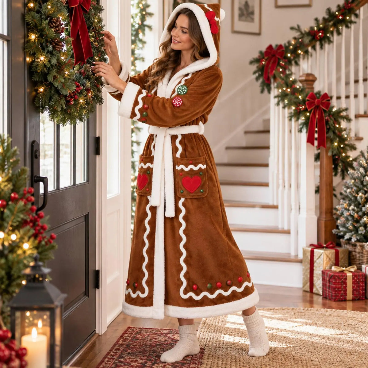 Cozy Gingerbread Christmas Hooded Robe - Plush Fleece Blanket Cape for Adults with Belt - Festive Vintage Design, 177cm Long